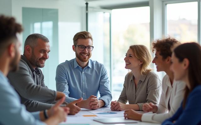 Diverse team happily collaborating in a modern office, showing strong employee engagement and a positive workplace culture