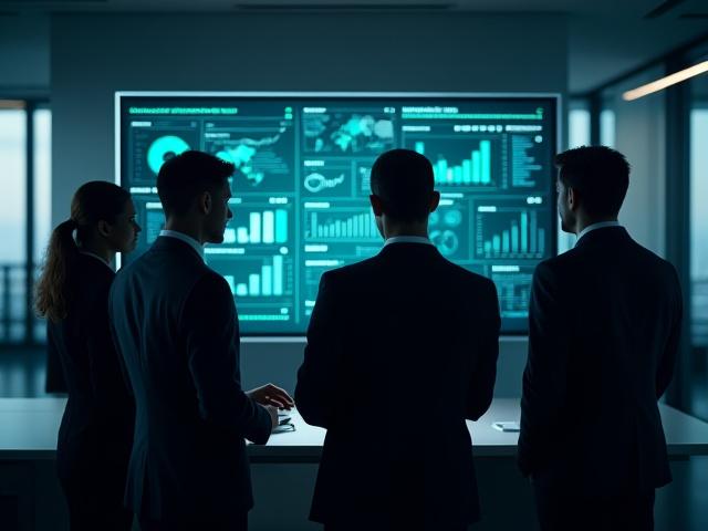 Business people in a modern office looking at data visualizations